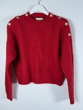 Boden Women Medium Red Mohair Wool Blend Chunky Knit Sweater Gold Anchor Buttons